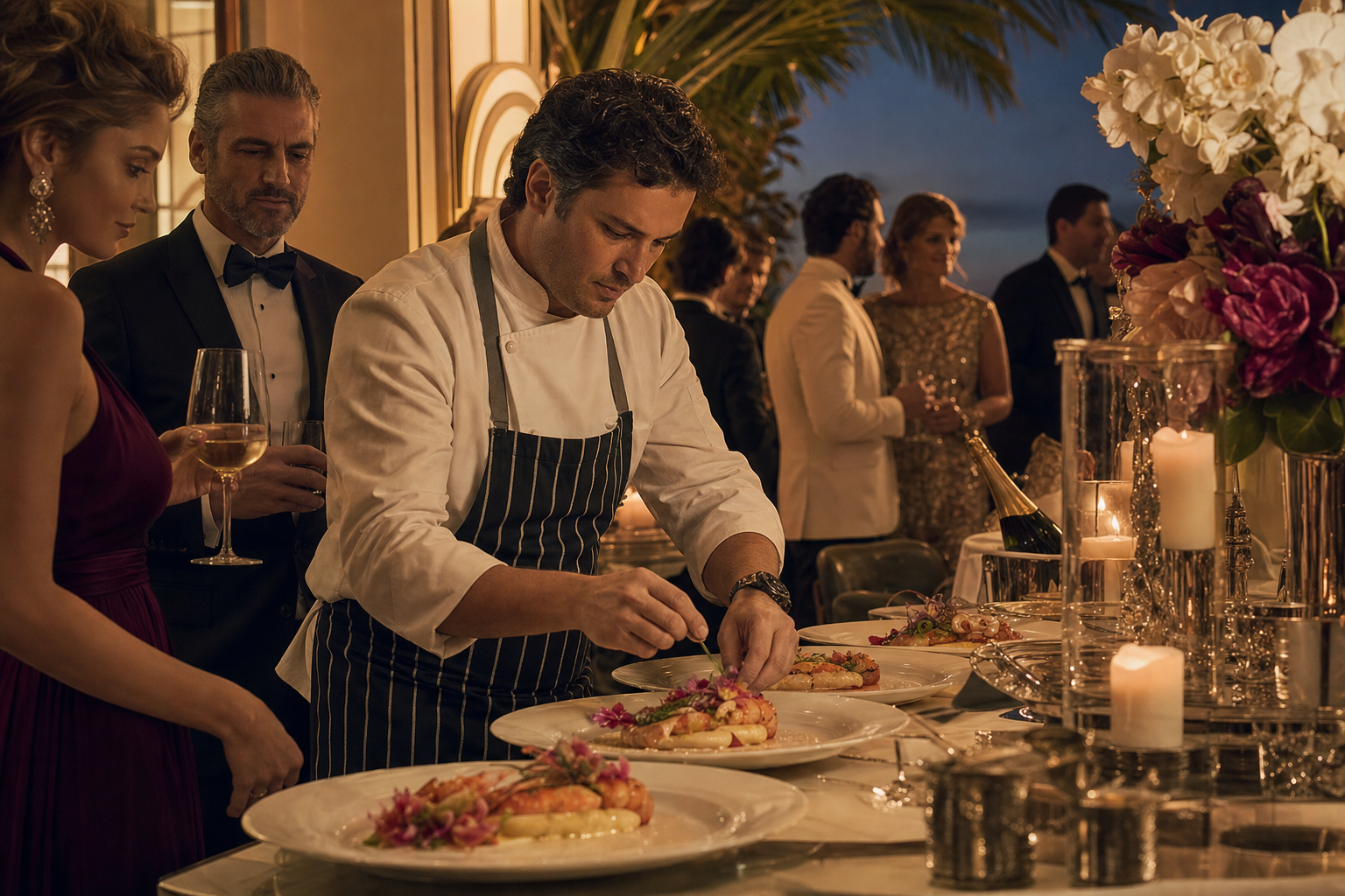 Chef plating a refined Miami dining course