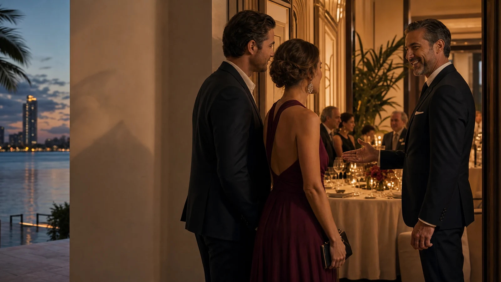 Host welcoming arriving guests to a waterfront Miami dinner