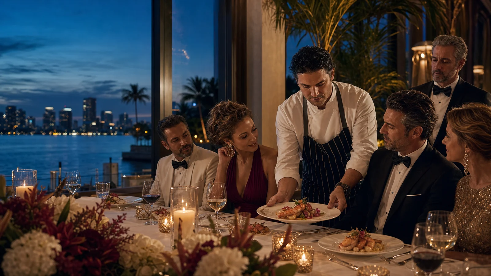 Chef presenting a course to guests at a Miami waterfront dinner