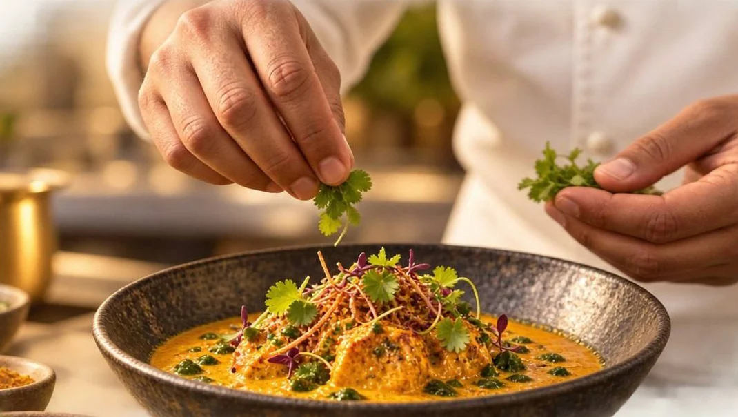 Un chef garnit un curry indien doré de coriandre fraîche