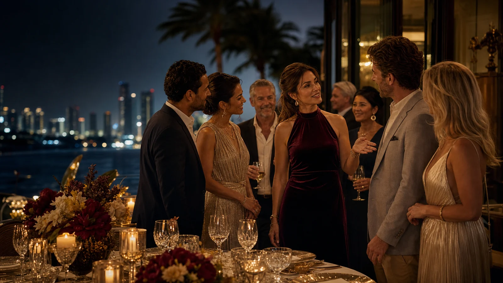 Members warmly introducing guests at an elegant Miami dinner