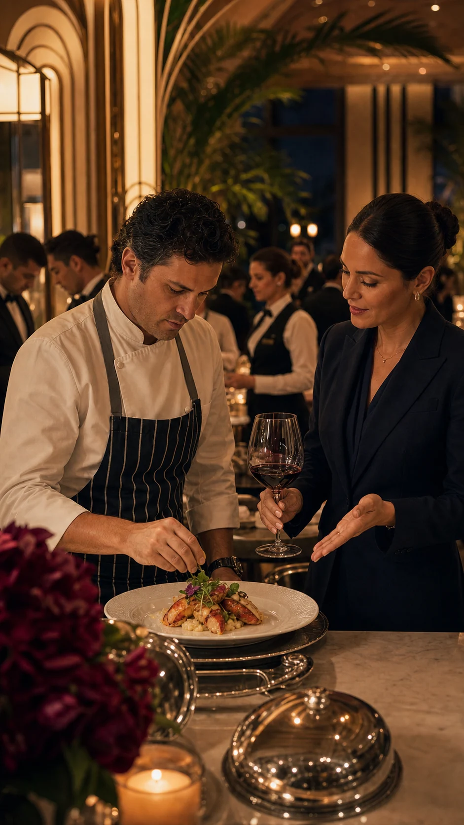 Chef and sommelier collaborating on a course and wine pairing