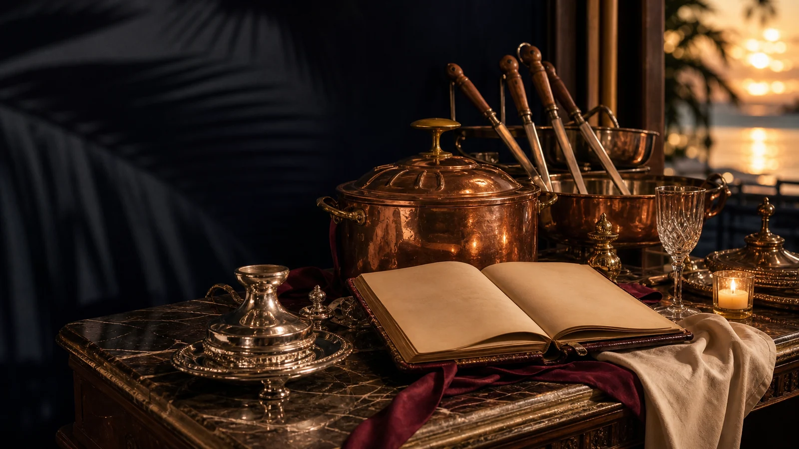 Historic copper culinary tools and an open ledger in warm Miami sunset light